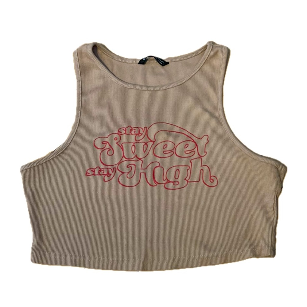 Beige Ribbed Crop Tank with Red "Stay Sweet Stay High" Graphic